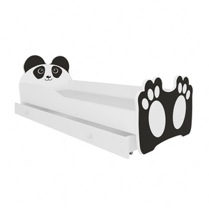 Łóżko Bear 70x140 cm biały / czarny małe łóżko z materacem i szufladą na pościel w kształcie misia z uroczym nadrukiem pandy