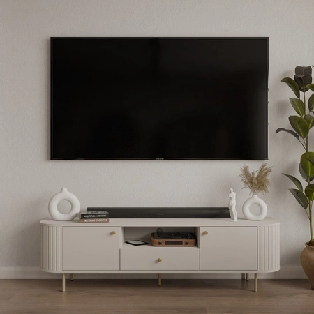 Szafka RTV Ovalio 181 cm beżowa nietuzinkowa szafka pod telewizor do salonu metalowe dodatki dekoracyjne frezowania