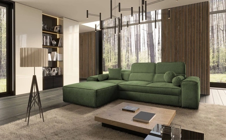 Narożnik z funkcją spania Viano zielony lewostronny stylowy narożnik o ciekawym kształcie regulowane zagłówki ozdobne poduszki