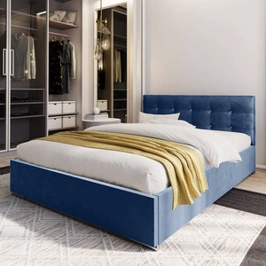 Łóżko tapicerowane Mona 160x200 błękitne z pojemnikiem w nowoczesnym skandynawskim stylu z pikowanym zagłówkiem z kryształkami