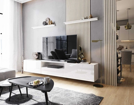 Szafka RTV wisząca Ekali 258 cm biała / biały połysk z półkami elegancki i stylowy design wpisujący się w każde wnętrze