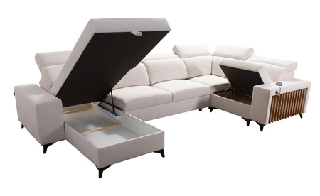 Narożnik z funkcją spania Kelly IV błękitny lewostronny velvet komfortowy narożnik regulowane zagłówki bok wykończony lamelami