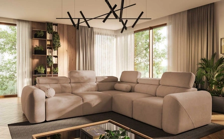 Narożnik z funkcją spania Cantare III łososiowy prawostronny komfortowy i stylowy narożnik do salonu dwa pojemniki na pościel