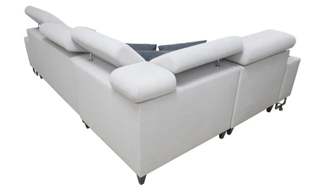 Narożnik z funkcją spania Dafni II jasny beż / biały lewostronny velvet narożnik z pojemnikiem na pościel szuflada z pełnym wysuwem