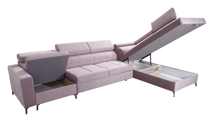 Narożnik z funkcją spania Nausa X pudrowy róż prawostronny narożnik z dwoma pojemnikami na pościel wykonanie z tkaniny typu velvet