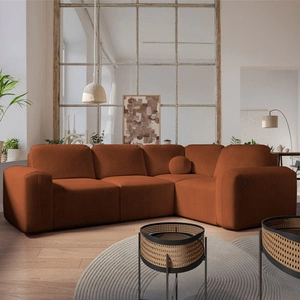 Narożnik z funkcją spania Arbon II ceglasty prawostronny stylowe wzornictwo charakterystyczny obły kształt pojemnik na pościel