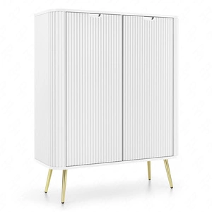 Komoda Zoya 103 cm biała elegancki design owalny kształt bryły osadzony na złotych metalowych nogach gustowny ryflowany front