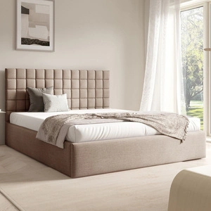 Łóżko tapicerowane Graso 180x200 beżowe nowoczesne i eleganckie łóżko gustowny symetryczny wzór na wezgłowiu pojemnik na pościel