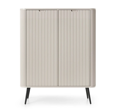 Komoda Zoya 103 cm beżowa elegancki design owalny kształt bryły osadzony na czarnych metalowych nogach gustowny ryflowany front