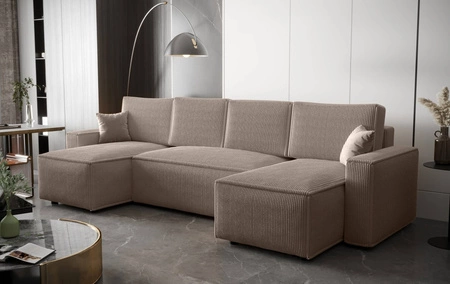 Narożnik z funkcją spania Nelo U beżowy komfortowy i nowoczesny narożnik z pojemnikiem na pościel sztruksowa prążkowana tkanina