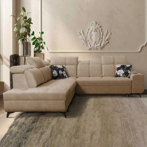 Narożnik z funkcją spania Buffalo IX ciemny beżowy lewostronny stylowy narożnik do pokoju wykonany z welurowej tkaniny ozdobne poduszki
