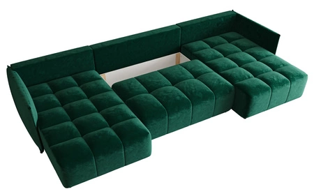 Narożnik z funkcją spania Oroso U butelkowa zieleń pojemnik na pościel tkanina typu velvet z powłoką hydrofobową ozdobne pikowania