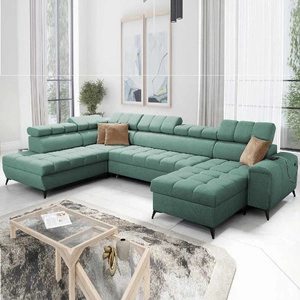 Narożnik z funkcją spania Bolmso VI miętowy prawostronny wygodny narożnik z regulowanymi zagłówkami dekoracyjne pikowania na siedzisku