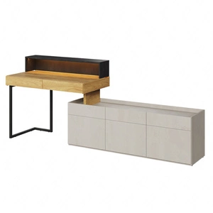 Biurko z nadstawką i szafką Teen Flex 239 cm hikora naturalna / silk flou / raw steel funkcjonalne biurko możliwość narożnego montażu