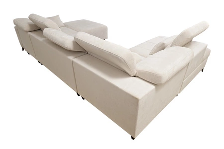 Narożnik z funkcją spania Penejos VI oliwkowy prawostronny stylowy narożnik rozkładany z dwoma pojemnikami na pościel trwała tkanina