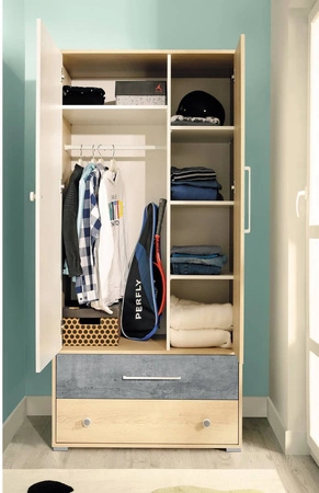 Szafa Cary 90 cm dąb biszkoptowy / biała / beton idealna do pokoju młodzieżowego funkcjonalna szafa z szufladami