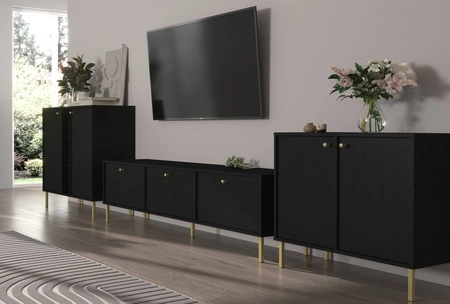 Meblościanka Kioto II czarny grafit stylowy design mebli do salonu eleganckie meble wsparte na metalowych nogach subtelne uchwyty