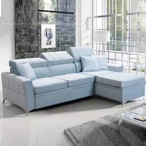 Narożnik z funkcją spania Rava błękitny prawostronny velvet komfortowy i funkcjonalny narożnik z regulowanymi zagłówkami