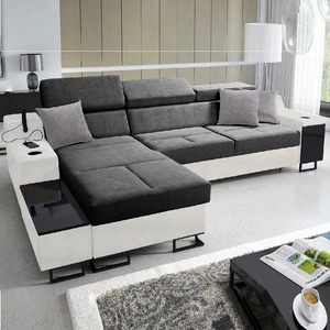 Narożnik z funkcją spania Alcamo szary / biały lewostronny elegancki i stylowy narożnik z dostawką praktyczna szuflada w boczku mebla