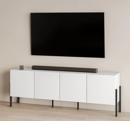 Szafka RTV Jukon 204 cm biała elegancka forma mebla w nowoczesnym stylu system otwierania push to open metalowe czarne nogi