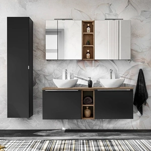 Zestaw mebli łazienkowych Santa Fe czarny / dąb vintage zestaw mebli z szafkami pod umywalki nablatowe metalowe uchwyty krawędziowe