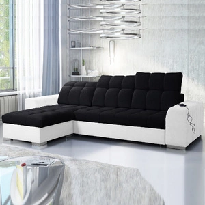 Narożnik z funkcją spania Luigi czarny / biały lewostronny narożnik z dwoma pojemnikami na pościel tkanina o ciekawej strukturze