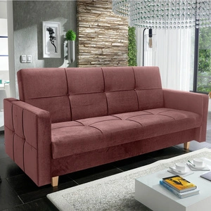 Kanapa rozkładana Sava łososiowa nowoczesny design szeroka funkcjonalność wersalki do pokoju miękka tkanina o delikatnym połysku