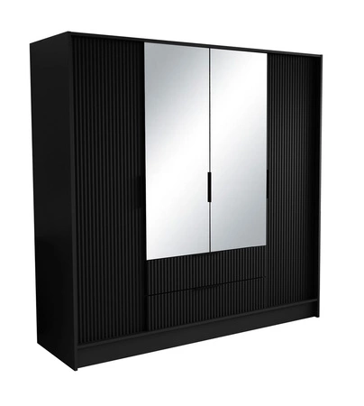 Szafa z lustrem Norel 200 cm czarna stylowa szafa o nowoczesnym designie z ryflowanymi frontami i pojemnymi szufladami
