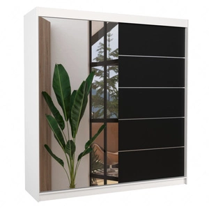 Szafa przesuwna z lustrem Oliver 200 cm biały / czarny pojemna szafa do sypialni z ozdobnymi listwami ergonomiczny układ wnętrza