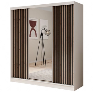 Szafa przesuwna z lustrem Ida 200 cm biały / czarny stylowe lamele zdobiące drzwi szafy wnętrze wyposażone w pojemne szuflady