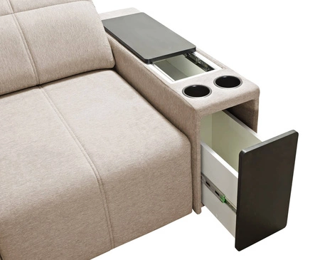 Narożnik z funkcją spania Tesalia VII niebieski lewostronny nowoczesny design komfortowe przesuwane oparcie szuflada w boczku mebla