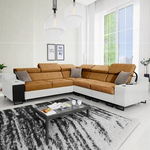 Narożnik z funkcją spania Alcamo III miodowy / biały prawostronny funkcjonalny narożnik z szufladą w boczku dwa pojemniki na pościel