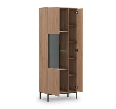 Witryna Tutti 70 cm czarna stylowy design bezpieczne szkło hartowane witryna wsparta na wysokich metalowych nogach system push to open