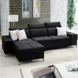 Narożnik z funkcją spania Elgin czarny lewostronny narożnik z regulowanymi zagłówkami praktyczne szuflady w boczkach mebla