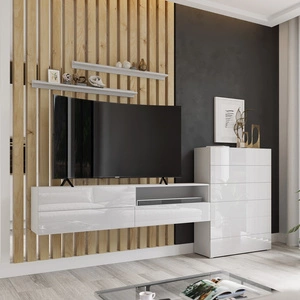 Meblościanka Almiros biała / biały połysk nowoczesny design system otwierania szuflad push to open meblościanka do salonu z komodą