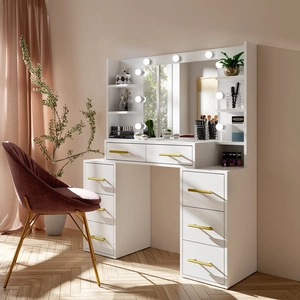 Toaletka Adel 110 cm biała z oświetleniem LED toaletka z lustrem w stylu glamour pojemne szuflady metalowe uchwyty