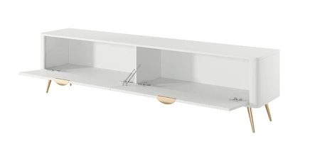 Szafka RTV Lante 200 cm biała nowoczesny design bryła osadzona na wysokich nogach ryflowany front charakterystyczny owalny kształt