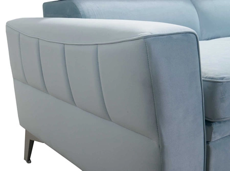 Narożnik z funkcją spania Rava IV błękitny prawostronny velvet komfort podczas codziennego wypoczynku pojemnik na pościel