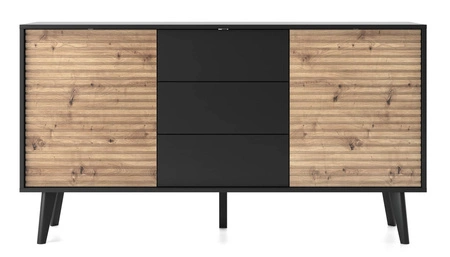 Komoda z szufladami Saipan 154 cm czarny / dąb artisan nowoczesny design funkcjonalna idealna do wnętrz w stylu klasycznym i skandynawskim dekoracyjny ryflowany dekor