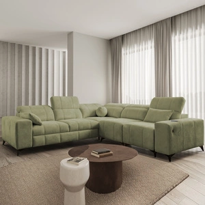 Narożnik z funkcją spania Penejos III oliwkowy prawostronny niezwykle wygodny i komfortowy narożnik do salonu dwa pojemniki na pościel