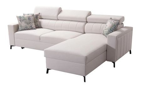 Narożnik z funkcją spania Savona granatowy / biały prawostronny elegancki narożnik z regulowanymi zagłówkami dekoracyjne przeszycia