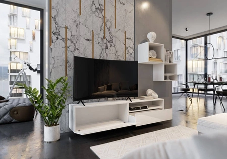 Meblościanka Mesini biała / biały połysk nowoczesna meblościanka do salonu praktyczny system otwierania szuflad push to open