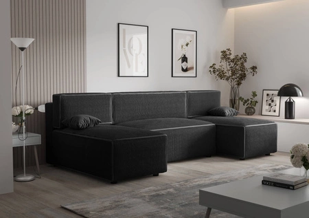 Narożnik z funkcją spania Brandon U czarny pojemnik na pościel trójwymiarowa tkanina o wyrazistych prążkach