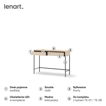 Konsola Trend beżowa z szufladami stylowa oraz funkcjonalna toaletka z szufladami oryginalne ryflowane fronty metalowa podstawa