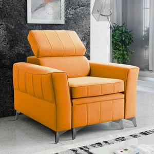 Fotel Rava żółty praktyczny i komfortowy fotel do salonu z regulowanym zagłówkiem oraz pojemnikiem miękka tkanina typu velvet