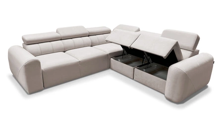 Narożnik z funkcją spania Cantare III ciemny beż prawostronny komfortowy i stylowy narożnik do salonu dwa pojemniki na pościel