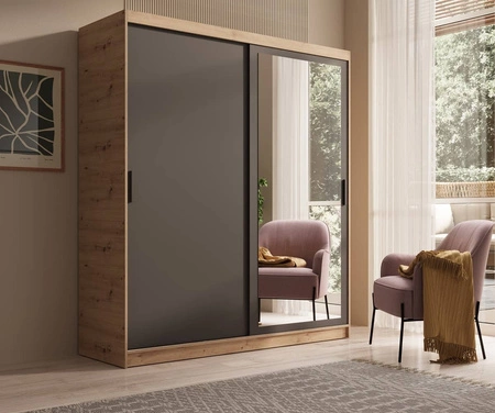 Szafa przesuwna z lustrem Hailey 180 cm dąb artisan / czarny minimalistyczna forma szafa idealnie wpasuje się do każdego wnętrza