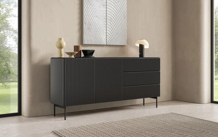 Zestaw mebli Muti czarny designerska meblościanka do salonu efektowne ryflowania na frontach i korpusach mebli system push to open