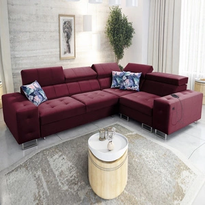 Narożnik z funkcją spania Hampton II bordowy prawostronny stylowy narożnik rozkładany miękka tkanina obiciowa typu velvet