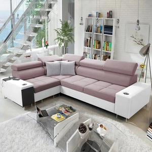 Narożnik z funkcją spania Dafni II lawendowy róż / biały lewostronny pleciony narożnik z pojemnikiem na pościel szuflada w boczku